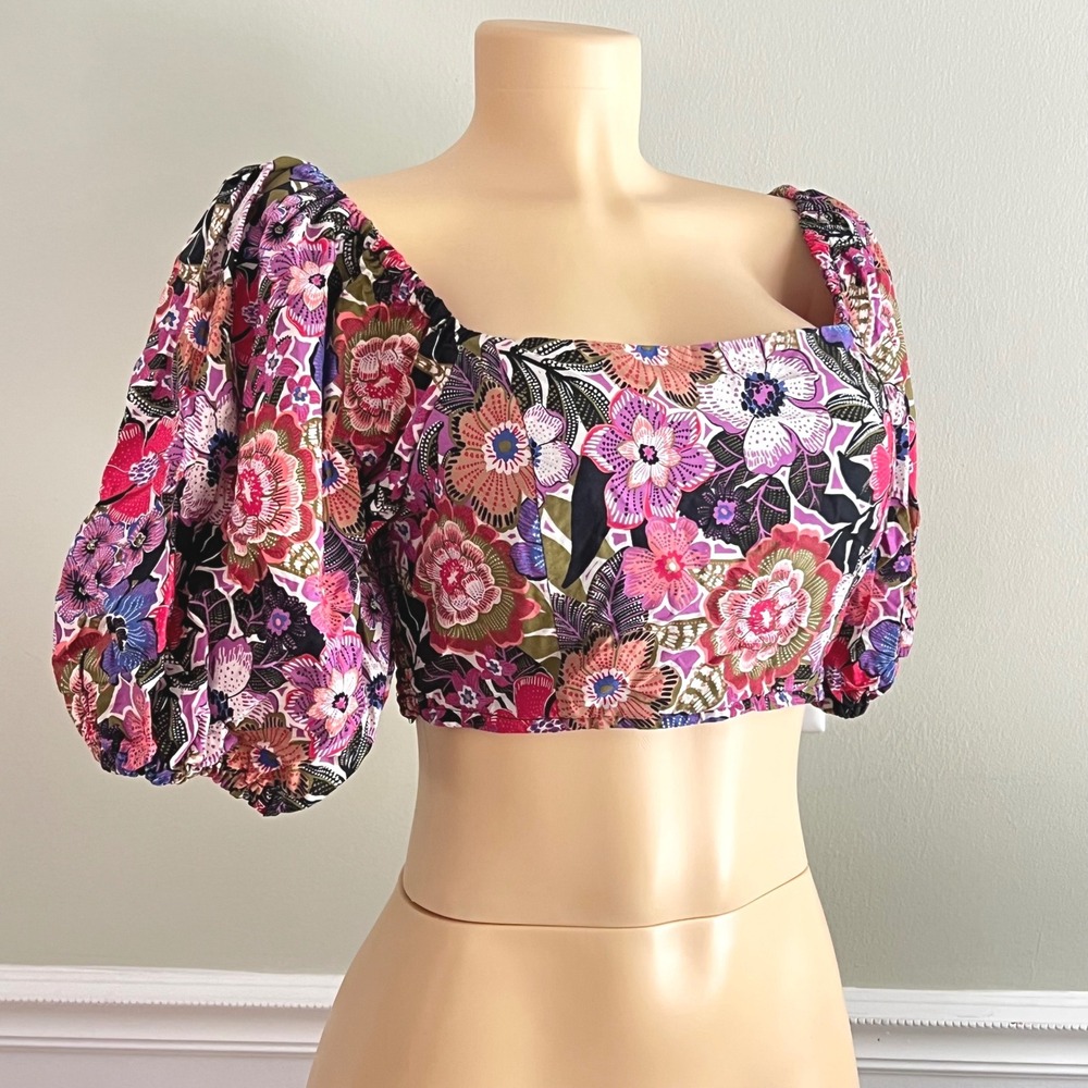Festival Crop Top Puff Sleeve Smocked Back Womens M Forever 21 Whimsy Romantic